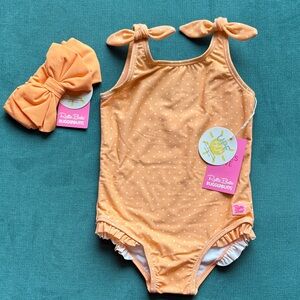 Ruffle Butts Melon Polka Dot Tie Shoulder Swimsuit with Swim Bow Headband